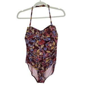 NWT Garnet Hill One Piece Women Swimsuit Size 6 Halter Ruched Brown Beach Floral